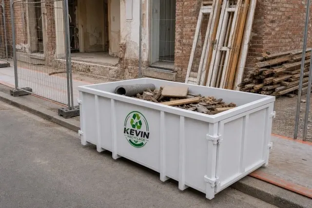 Benne de tout-venant déposée en bord de rue devant une maison en rénovation