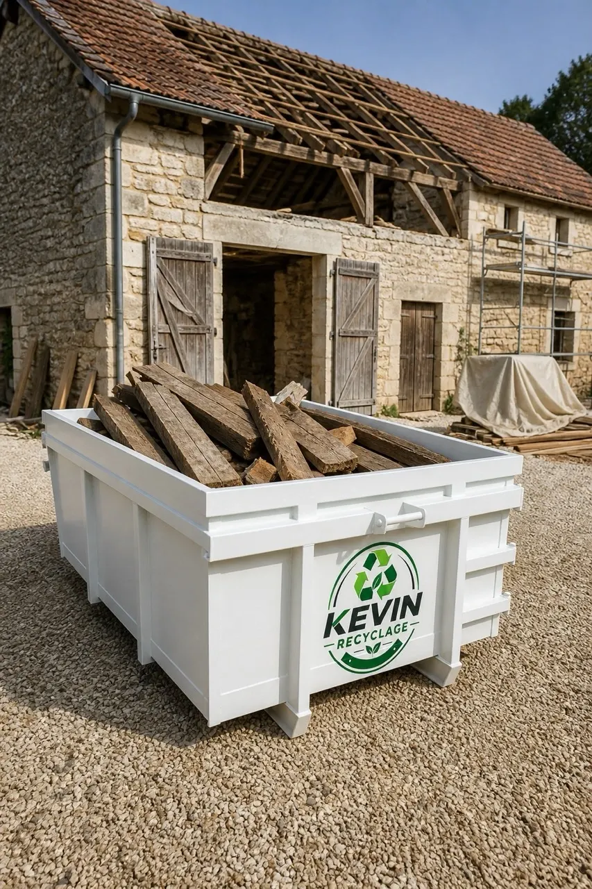 Benne de 6 m³ remplie de déchets de bois lorrs de la renovation d'une grange.
