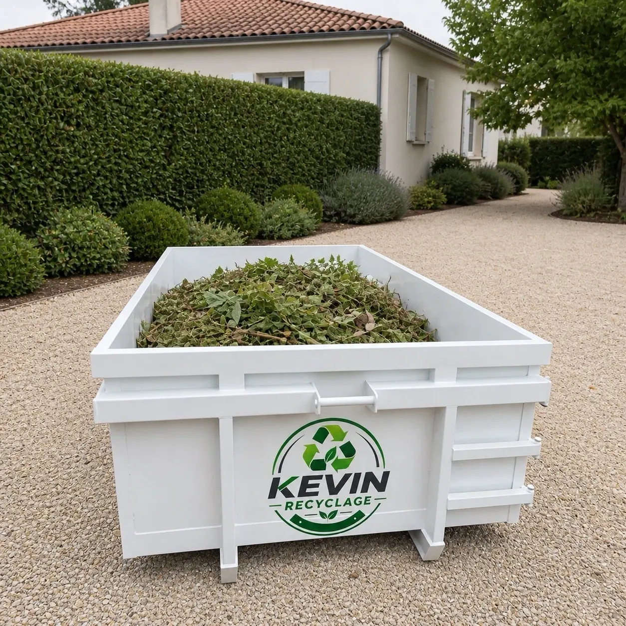 Benne de 6 m³ remplie de déchets verts lors de l'entretiens d'un jardin